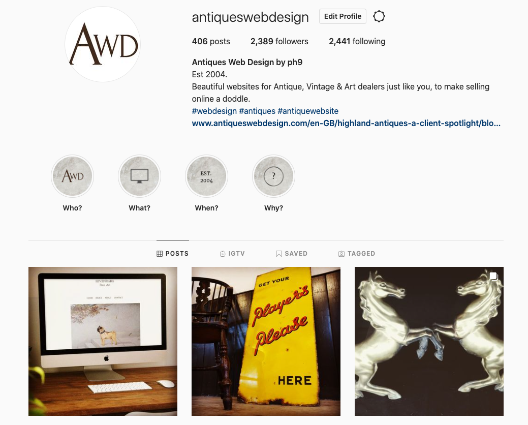 antiques web design instagram
